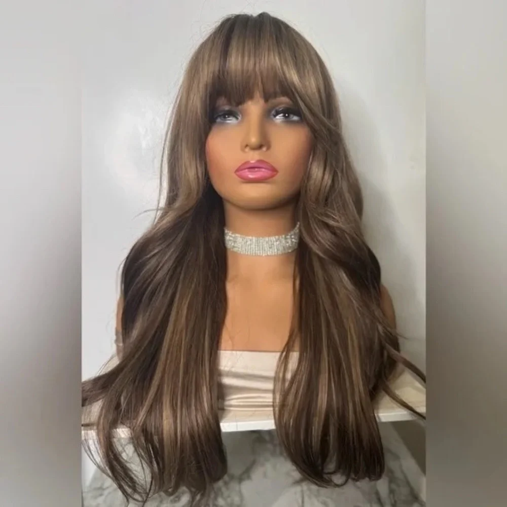 Long Wavy Wig with Curtain Bangs – Medium Brown with Soft Caramel Highlights - Picture 11 of 13